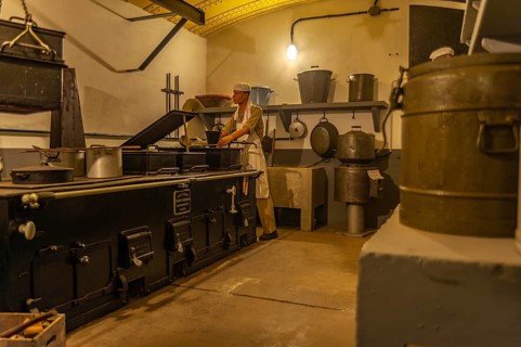 Kitchen in the bunker and large shelter at the Musee de l'Abri