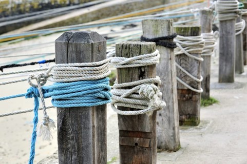 Knots in ropes of moored boats around wooden mooring posts at Port Racine