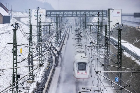 Deutsche Bahn AG ICE train passing through Merklingen station Swabian Alb