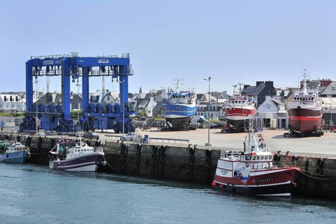Trawler fishing boats on shipbuilding yard for maintenance works in the Guilvinec port