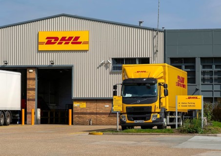 DHL parcel depot with HGV lorry vehicle