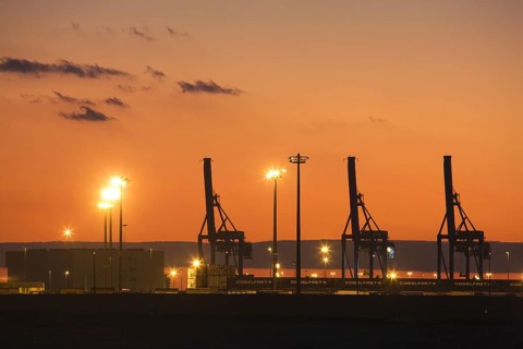 The Zeebrugge North Sea port at sunset