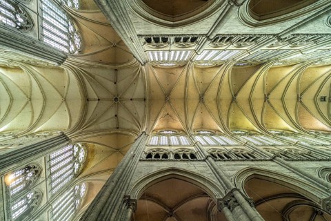 Church ceiling and columns of Notre Dame d'Amiens Cathedral