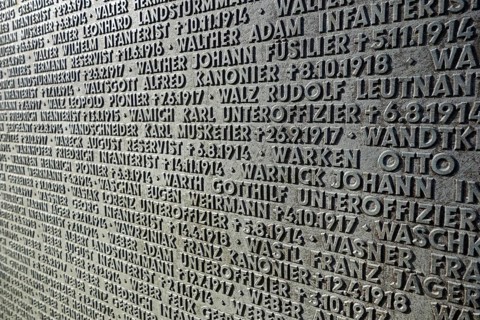 Names of fallen German soldiers at the First World War One military cemetery Deutscher Soldatenfriedhof Langemark