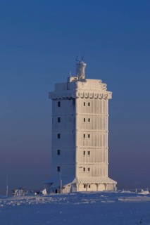 The Brocken weather station on the Brocken in the snow in winter