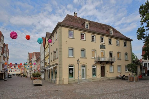 Beethoven House on Deutschordensplatz and colourful lantern decoration in Burgstrasse