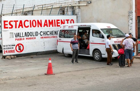 Collective bus taxi station for transport to Chichen Itza