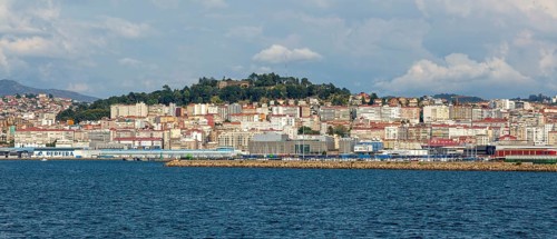 View of city and port from the sea Ria de Vigo estuary