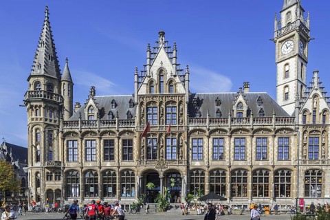 De Post shopping centre and luxury hotel 1898 The Post with clock tower at the Korenmarkt