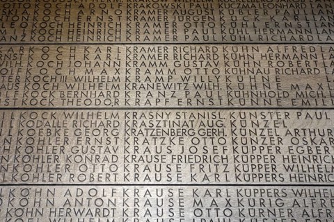 Names of fallen German soldiers at the First World War One military cemetery Deutscher Soldatenfriedhof Langemark