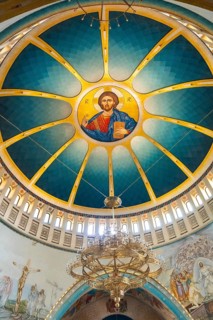 Ceiling painting of Christ in the Orthodox Cathedral of the Resurrection of Christ near Skanderbeg Square in Tirana. Albania