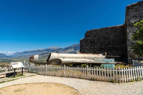 Old fighter plane in the Ottoman castle fortress of Gjirokaster or Gjirokastra. Albanian