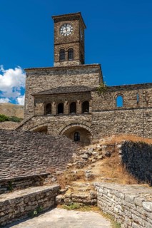 Detail of the Clock Tower in the Ottoman Castle Fortress of Gjirokaster or Gjirokastra. Albanian