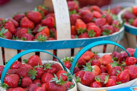 Market stall with fresh strawberries