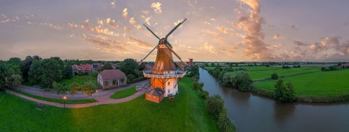 Aerial view of the twin mills at the Old Greetsiel Low Seal