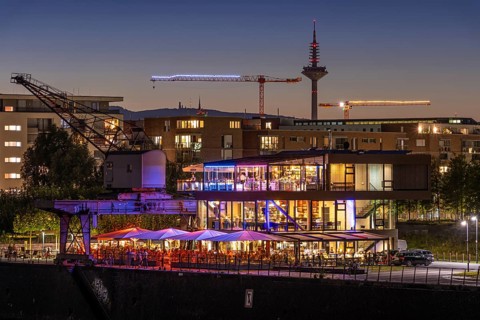The lights of the Ooosten restaurant in Frankfurt's Osthafen area
