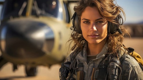 Female military helicopter pilot standing near her aircraft