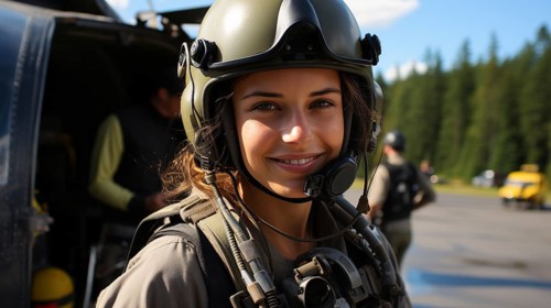 Female military helicopter pilot standing near her aircraft