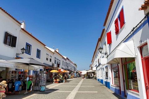 Pedestrian zone Rua Vasco da Gama with souvenir shops