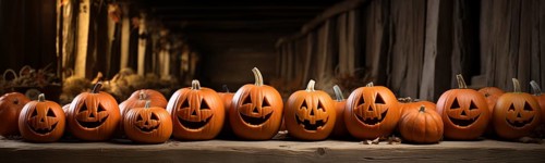 Spooky and fun collection of dozens of halloween carved pumpkins outside on hallows eve