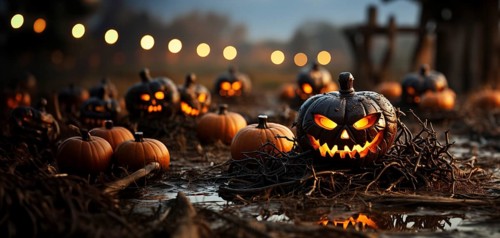 Spooky and fun collection of dozens of halloween carved pumpkins outside on hallows eve