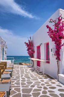 Beautiful street of Greek island town open right to seafront on sunny summer day. Whitewashed houses