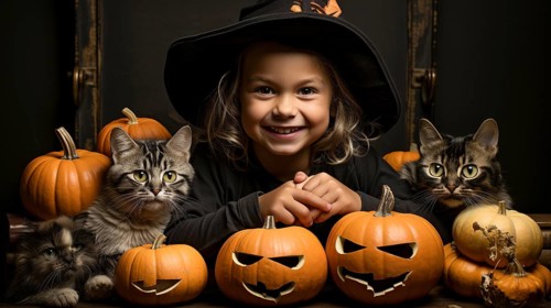 Cute little girl dressed up for halloween with pumpkins and her cats