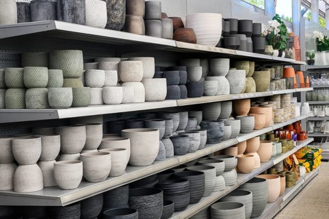 Shelves with flower pots in a garden centre
