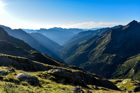 View from the Magdeburger Huette over the Pflerschtal valley in the early morning