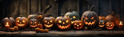 Spooky and fun collection of dozens of halloween carved pumpkins outside on hallows eve