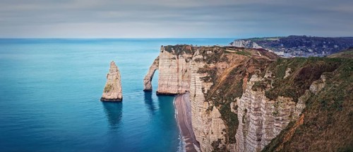 Panoramic view to the famous rock Aiguille of Etretat in Normandy
