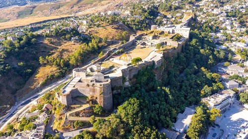 Aerial view of the old castle and fortress of Gjirokaster or Gjirokastra