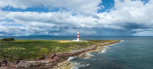 Aerial panorama of Tarbat Ness Lighthouse on the Moray Firth