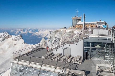 Zugspitzbahn mountain station and Muenchner Haus on the Zugspitz summit above Garmisch-Partenkirchen