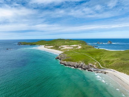 Aerial view of the dune landscape on the Faraid Head peninsula with sandy beach