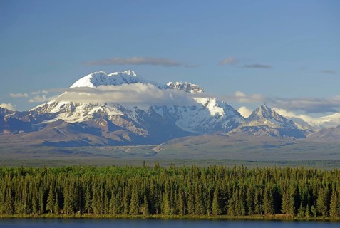 View of lake and snow-capped mountains