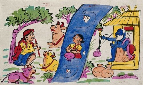 Krishna playing his flute for the cows and Radha immersed in the river while an old man smoking a hookah looks on