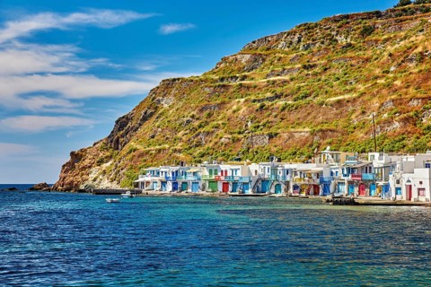 Colorful village of Klima with Greek whitewashed houses on sunny day