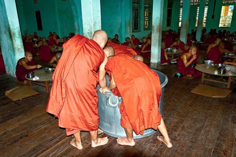 Monks having lunch at Bago Monastery School