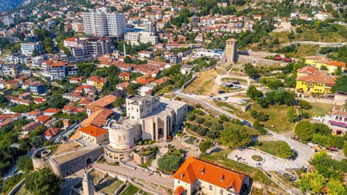 Aerial drone view of Kruje Castle and its fortress