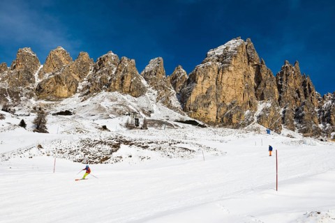 Snow-covered mountains and skiers