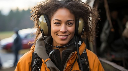 Female african american search and rescue helicopter pilot standing near her aircraft