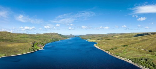 Aerial panorama of Loch Hope in the Northern Highlands