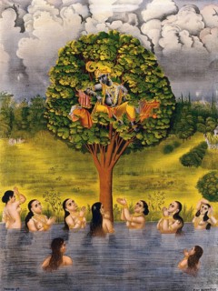 Krishna sitting in a tree above a river with the clothes of the Gopis and asking the Gopis for their clothes