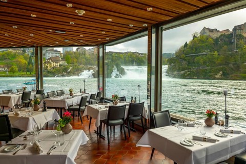 Restaurant View over Rhine Falls and with the Castle Laufen at Neuhausen in Schaffhausen