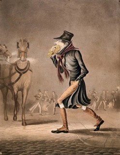 A man covering his mouth with a handkerchief walks through a smoggy London street. In the background are two snorting horses and errand boys walking around with burning torches