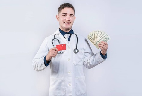 Happy latin doctor holding credit card and money isolated. Cheerful doctor holding money and credit cards
