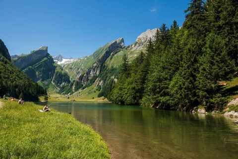 Steep mountains and lake