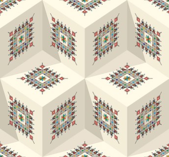 Decorative geometric repeating pattern inspired by Al-Qatt Al-Asiri traditional paintings