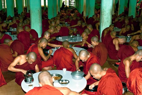 Monks having lunch at Bago Monastery School